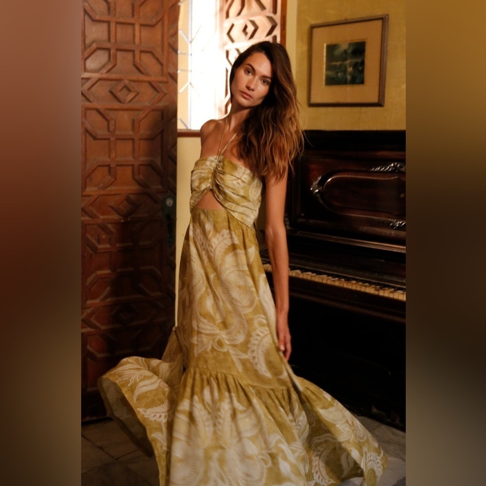 NWT BEATRIZ CAMACHO SoHo Halter Maxi Dress in Mustard Marmol size 8 - Picture 4 of 12